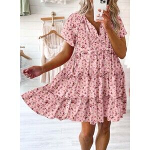 Pink Floral Tiered Knee Length Dress V-Neck Short Sleeve Boho Large Cottage